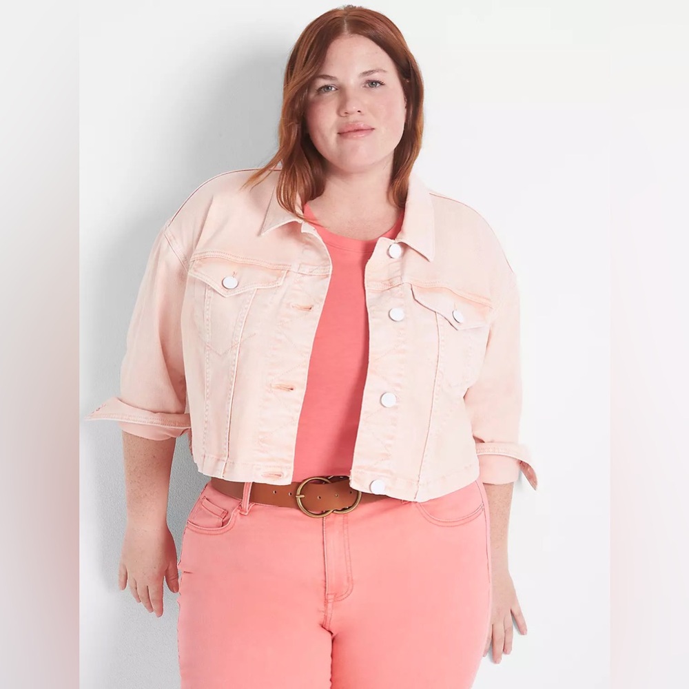 $75 NWOT LANE BRYANT Denim Cropped Jacket in Peach Paradise size 14